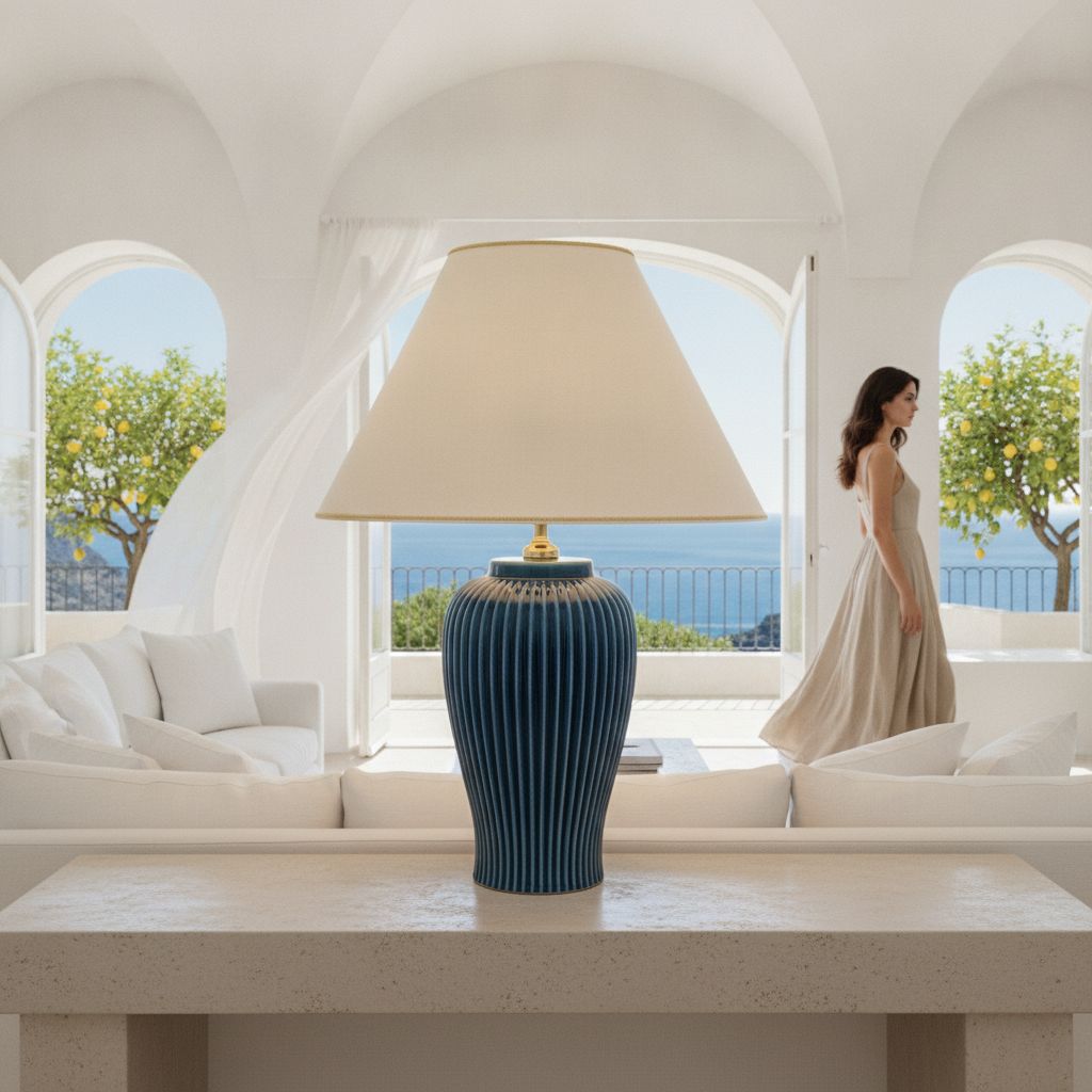 Lunatre Nobile Blu, Ambiente, Schirm Empire Beige – handgefertigte Tischlampe aus Italien #shade:beige #form:empire