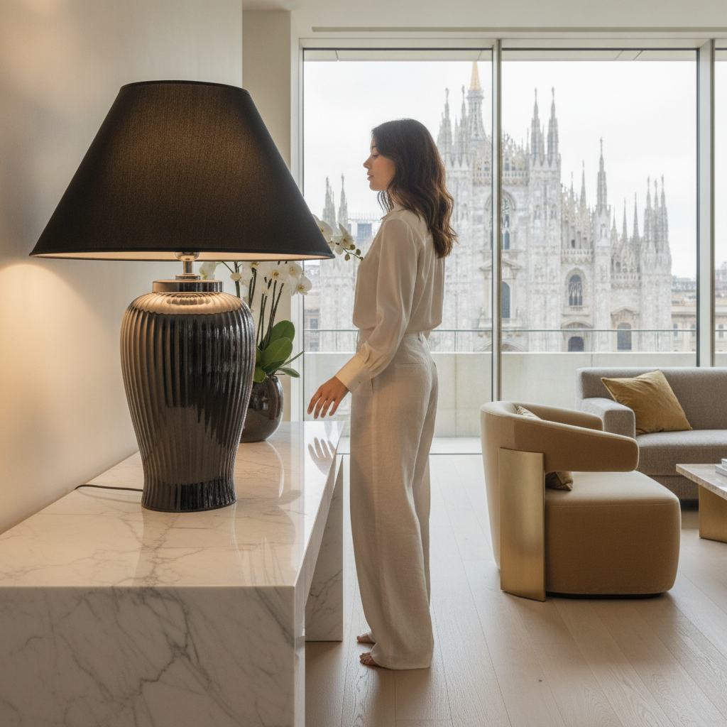 Lunatre Nobile Platino, Ambiente, Schirm Empire Schwarz – handgefertigte Tischlampe aus Italien #shade:schwarz #form:empire