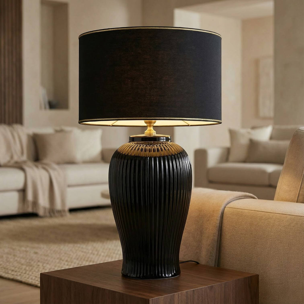 Lunatre Nobile Nero, Schirm Trommel – handgefertigte Tischlampe aus Italien #form:trommel #shade:schwarz